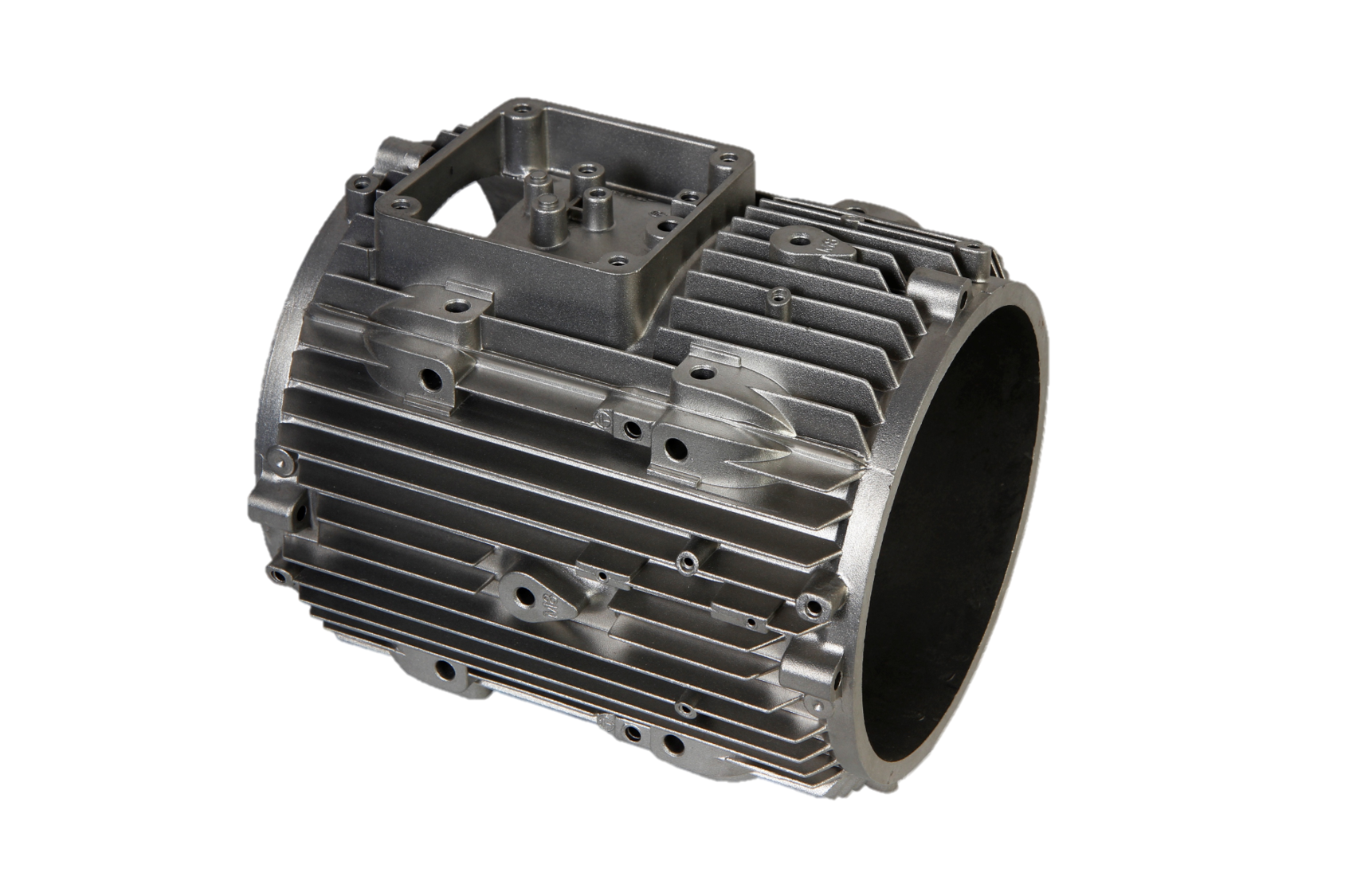Die-cast aluminium electric motor housing with integral cooling fins